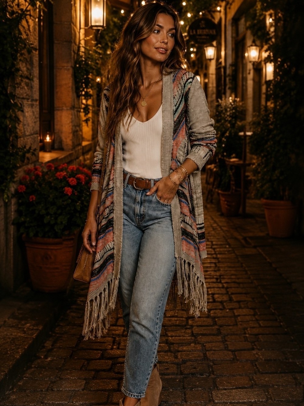 Umgee Boho Fringe Cardigan Duster L Beige Coral Blue Southwestern Open Front
